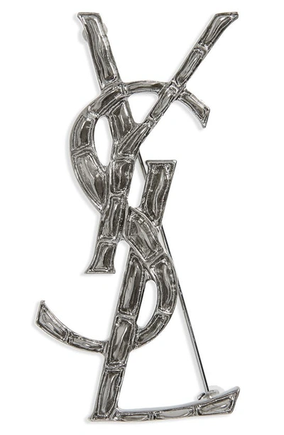 Shop Saint Laurent Opyum Lait Branch Monogram Brooch In Argent Oxyde