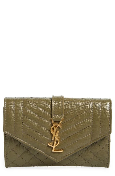 Shop Saint Laurent Small Monogram Quilted Leather Wallet In Khaki