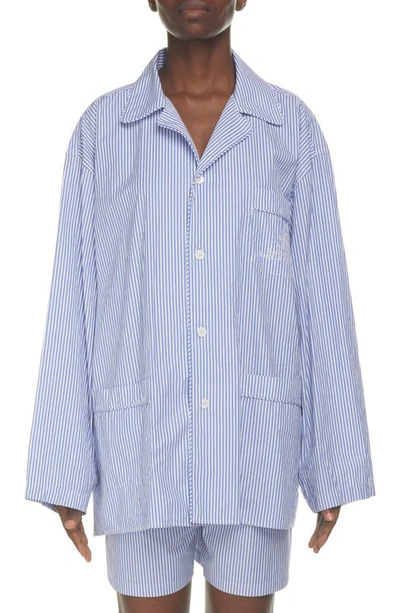 Shop Balenciaga Embroidered Hotel Logo College Stripe Cotton Pyjama Shirt In Blue/ White