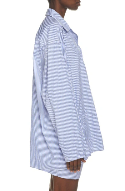 Shop Balenciaga Embroidered Hotel Logo College Stripe Cotton Pyjama Shirt In Blue/ White