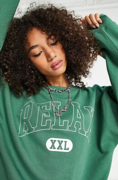 Shop Topshop Relax Embroidered Cotton Sweatshirt In Mid Green
