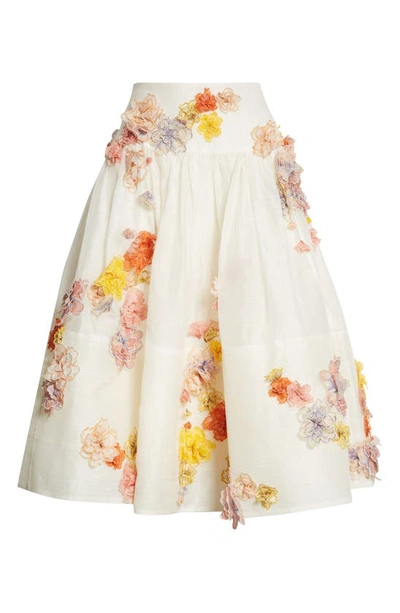 Shop Zimmermann Postcard Floral Appliqué Linen & Silk Skirt In Ivory