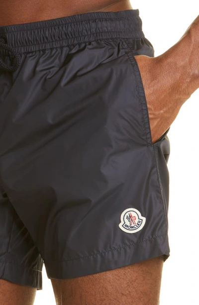 Shop Moncler Logo Patch Swim Trunks In Navy