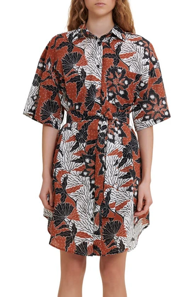 Rodima Floral print Belted Cotton Shirt Mini Dress In Ethnique Terracotta