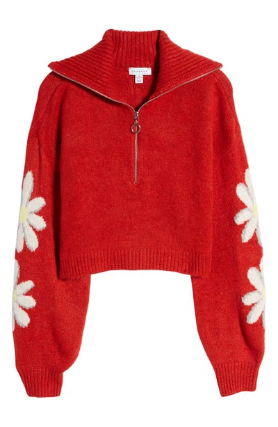 Shop Topshop Flower Knit Half Zip Sweater In Red