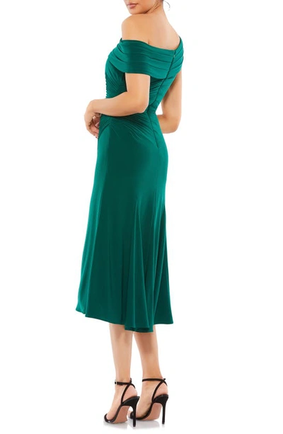 Shop Mac Duggal Foldover Ruched One-shoulder Chiffon Midi Dress In Emerald