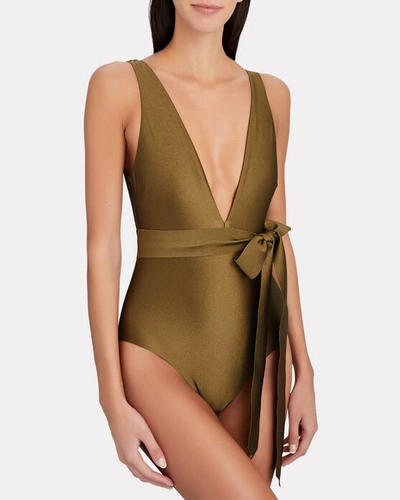 Shop Zimmermann Rosa Belted V-neck One-piece Swimsuit In Olive/army