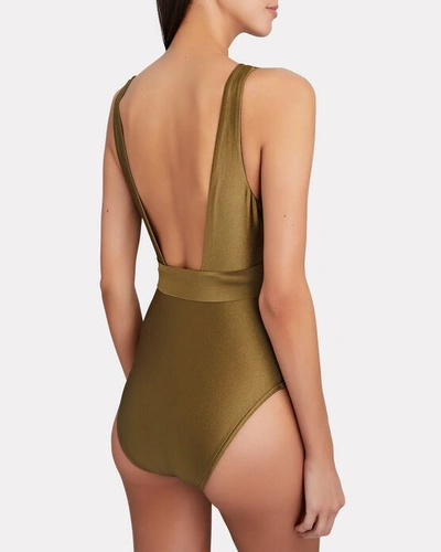 Shop Zimmermann Rosa Belted V-neck One-piece Swimsuit In Olive/army