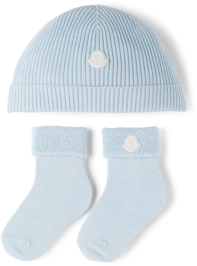 Shop Moncler Baby Blue Beanie & Socks Set In 703 Pastel Blue