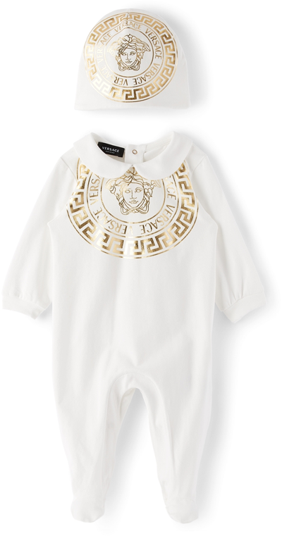 Shop Versace Baby White Medusa Bodysuit & Beanie Set In 2w110 White+gold