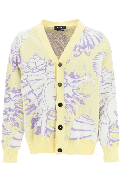 Shop Msgm Shell Intarsia Cardigan In Yellow,purple,white