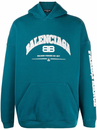 Shop Balenciaga Logo-print Two-tone Hoodie In Blue