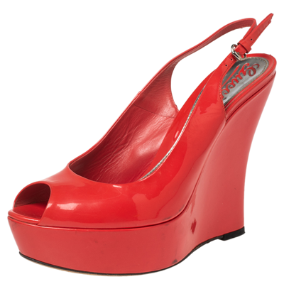 Pre-owned Gucci Coral Red Patent Leather Peep-toe Slingback Wedge Sandals Size 37.5