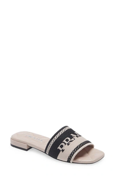 Shop Prada Logo Slide Sandal In Nero/ Ninfea