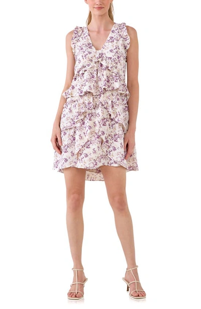 Shop Endless Rose Floral Sleeveless Ruffle Minidress In Beige