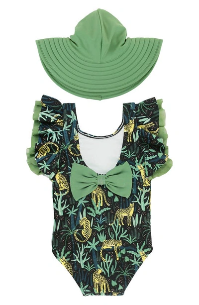 Shop Rufflebutts On Safari One-piece Swimsuit & Hat Set In Green