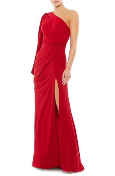 Shop Mac Duggal One-shoulder Long Sleeve Ruched Jersey Gown In Red