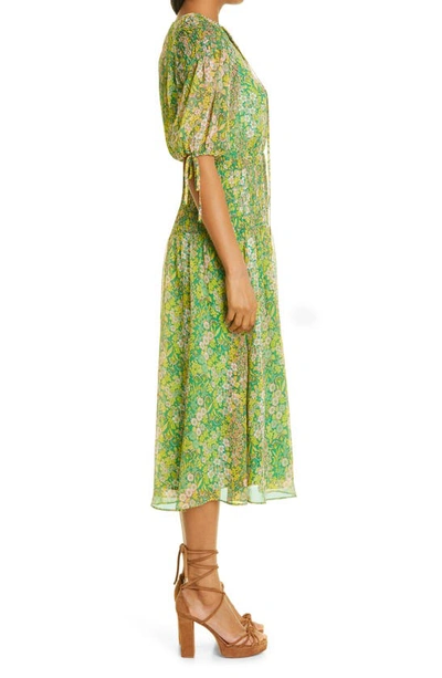 Ted Baker Floral-print Smocked Crepe Midi Dress In Mid Green