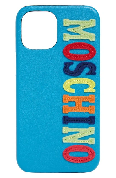 Shop Moschino Logo Iphone 12 Pro Max Case In Fantasy Print Light Blue