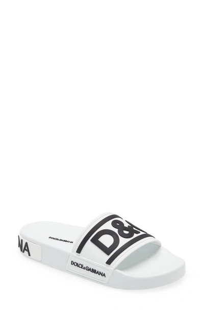 Shop Dolce & Gabbana Logo Slide Sandal In White/ Black
