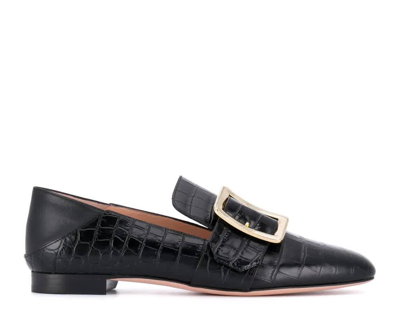 Shop Bally Ladies Janelle Black Croco-embossed Leather Loafers, Brand Size 37 (us Size 6.5) In Black,gold Tone