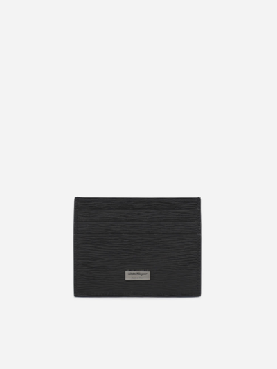 Shop Ferragamo Embossed Leather Card Holder With Logo Plaque In Black