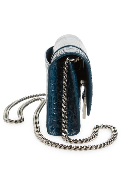 Shop Balenciaga Hourglass Croc Embossed Leather Wallet On A Chain In Dark Petrol Blue
