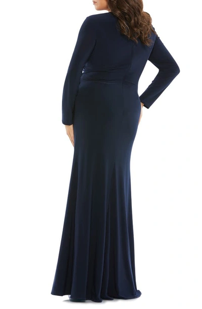 Shop Mac Duggal Ruched Long Sleeve Jersey Trumpet Gown In Midnight