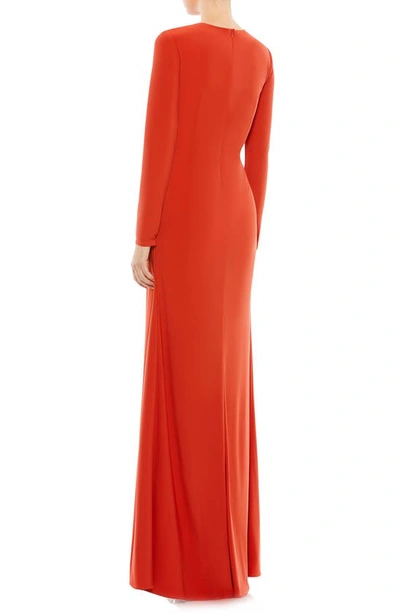 Shop Mac Duggal Ruched Keyhole Long Sleeve Jersey Gown In Brick Red