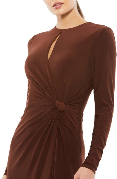 Shop Mac Duggal Ruched Keyhole Long Sleeve Jersey Gown In Chocolate