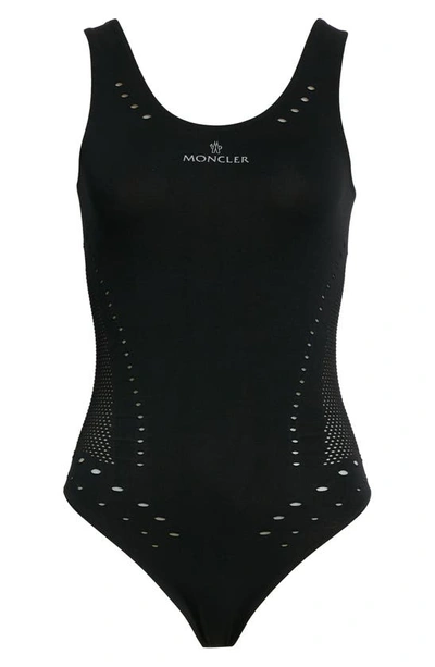 Shop Moncler Perforated One-piece Swimsuit In 999 Black