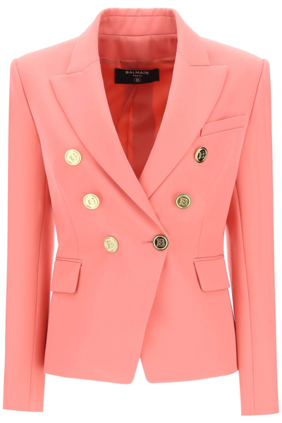 Shop Balmain Double-breasted Blazer In Grain De Poudre In Rosa