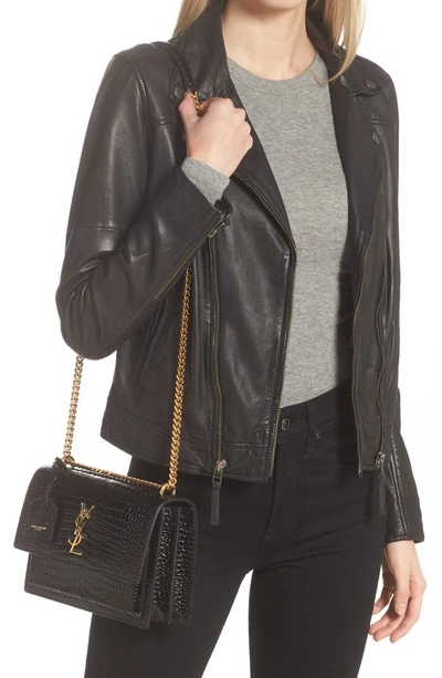 Shop Saint Laurent Medium Sunset Croc Embossed Leather Shoulder Bag In Nero