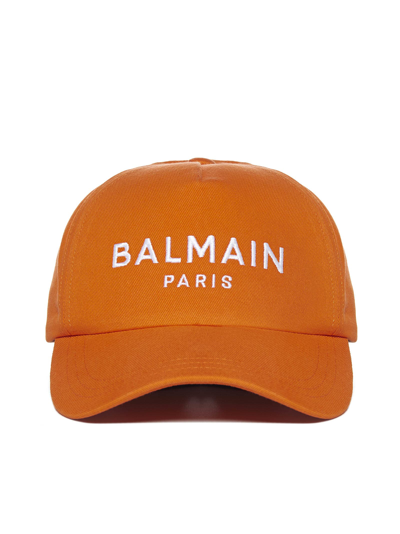 Shop Balmain Hat In Orange Fonce Blanc