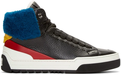 Fendi Men's Leather High-top Sneakers With Sheep Fur, Black/red/blue