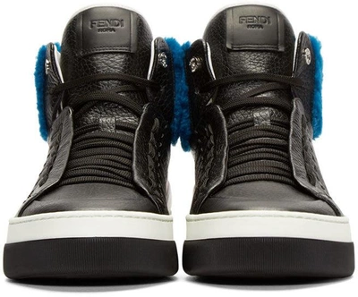 Shop Fendi Black & Blue Shearling High-top Sneakers