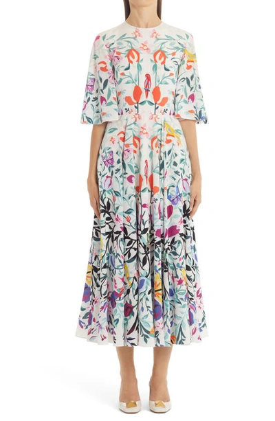 Shop Valentino Floral Print Silk A-line Dress In Avorio/multicolor Am0