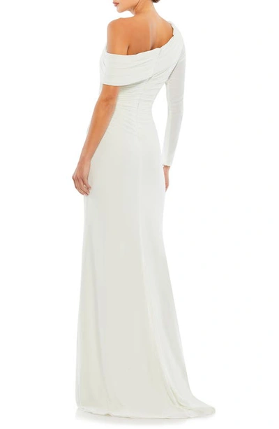 Shop Mac Duggal Foldover Neck One-shoulder Jersey Gown In White
