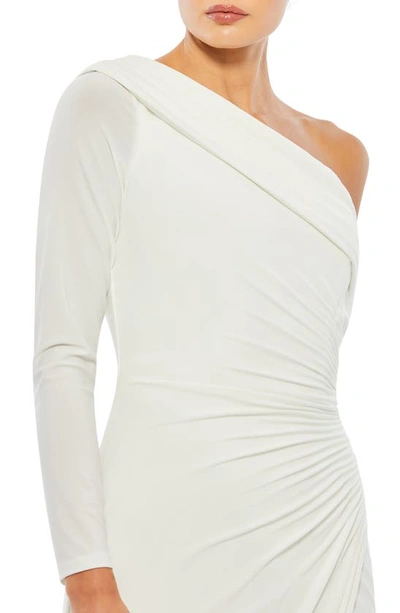 Shop Mac Duggal Foldover Neck One-shoulder Jersey Gown In White
