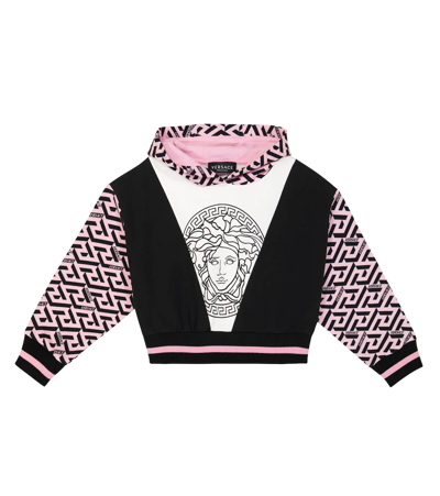 Shop Versace Printed Cotton Jersey Hoodie In Bianco+nero+multicolor