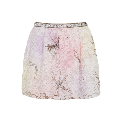 Shop Loveshackfancy Kezia Tie-dyed Embellished Lace Mini Skirt In Multicoloured