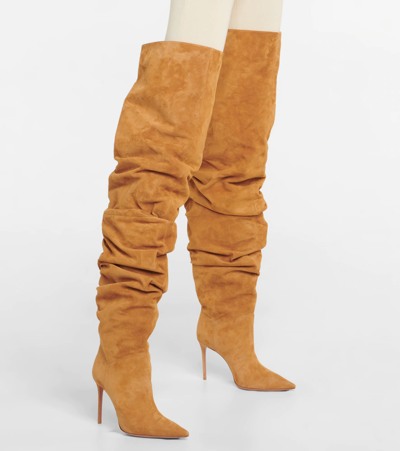 Shop Amina Muaddi Jahleel Suede Over-the-knee Boots In Honey Bear