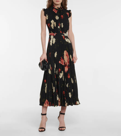 Shop Erdem Roisin Floral Georgette Midi Dress In Black / Pink