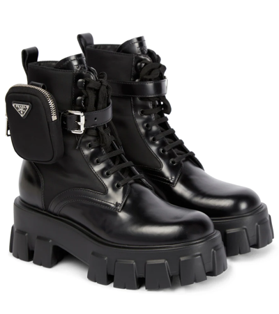 Prada Monolith Leather Ankle Boots In Nero