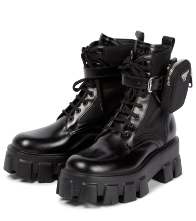 Prada Monolith Leather Ankle Boots In Nero