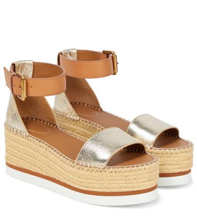 Shop See By Chloé Glyn Leather Platform Espadrilles In Light Gold