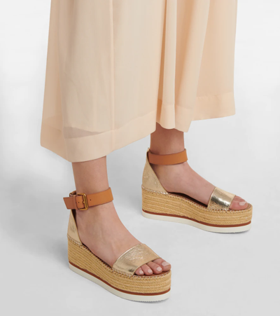 Shop See By Chloé Glyn Leather Platform Espadrilles In Light Gold