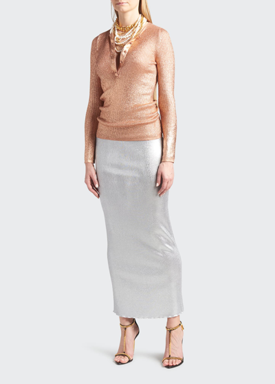 Shop Tom Ford Metallic Cashmere-silk Henley Top In Beige Fawn Rose
