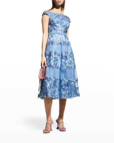 Shop Tadashi Shoji Off-the-shoulder Cap-sleeve Lace Midi Dress In Blue Stone