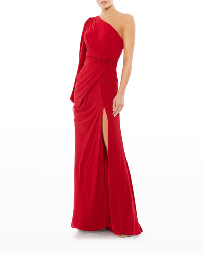 Shop Mac Duggal One-sleeve Draped Jersey Gown In Red